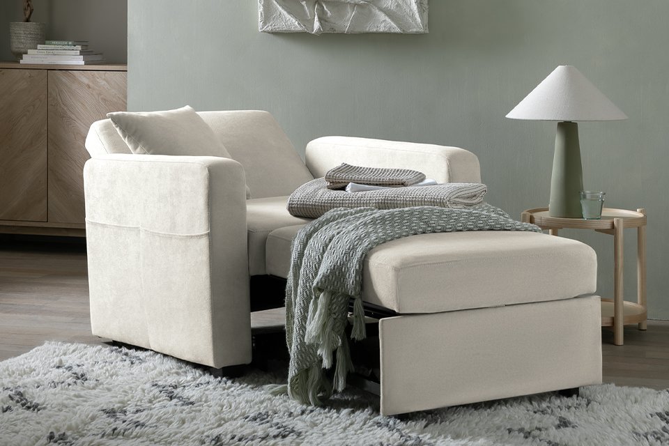 Reagan single chairbed in natural fabric.