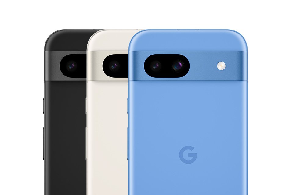 Three Google Pixel 8a smartphones displayed in Obsidian, Poreclain and Bay colours. 