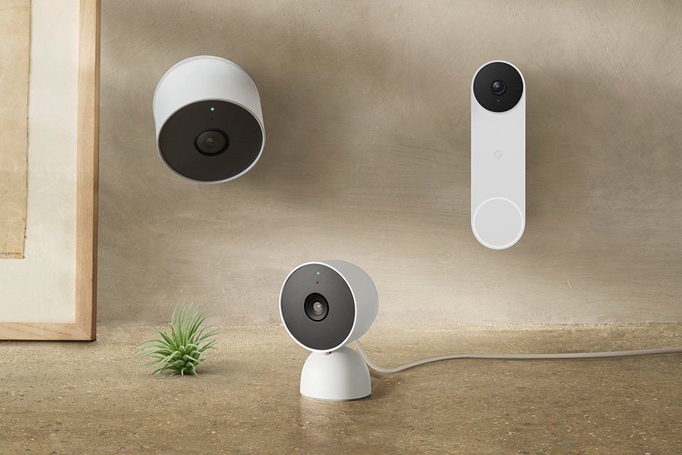 Two Google Nest cams and a video doorbell in a home setup.