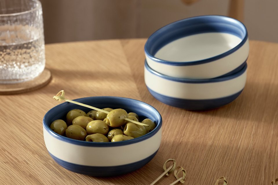 A Habitat Artisan stripe set of 3 stoneware nibble bowls in blue.