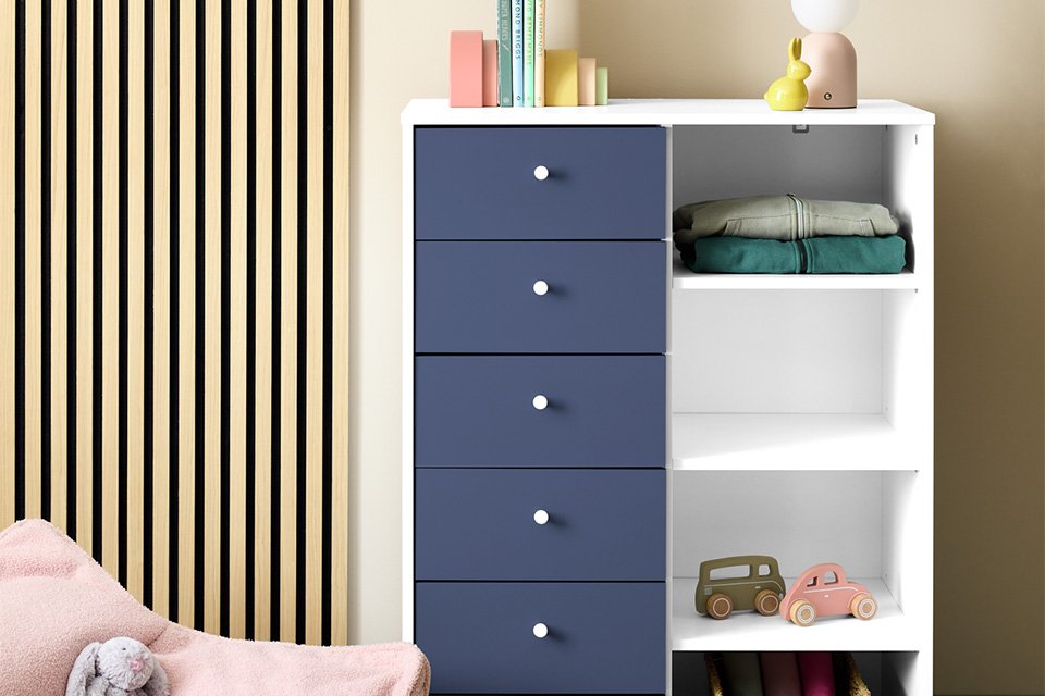 A Malibu kids' 6 drawer open chest shelf in blue and white.