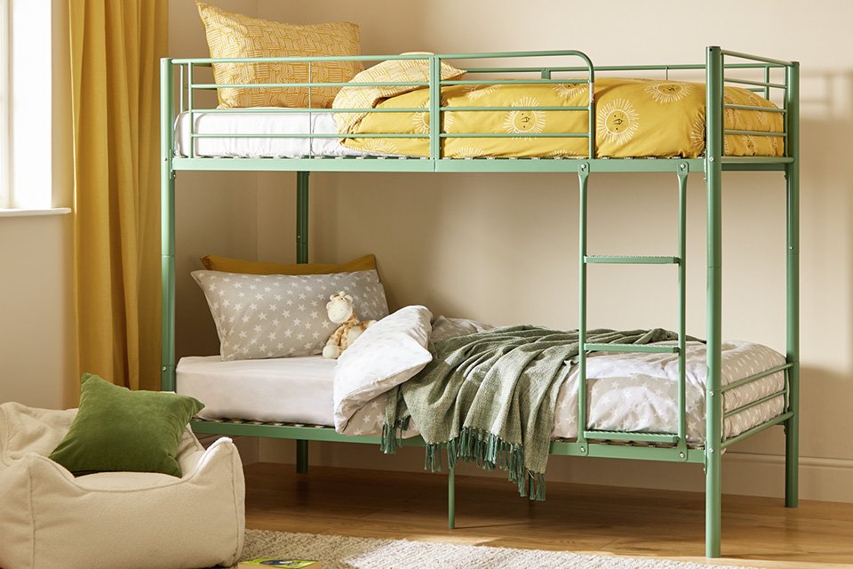 A Mason metal bunk bed in green. 
