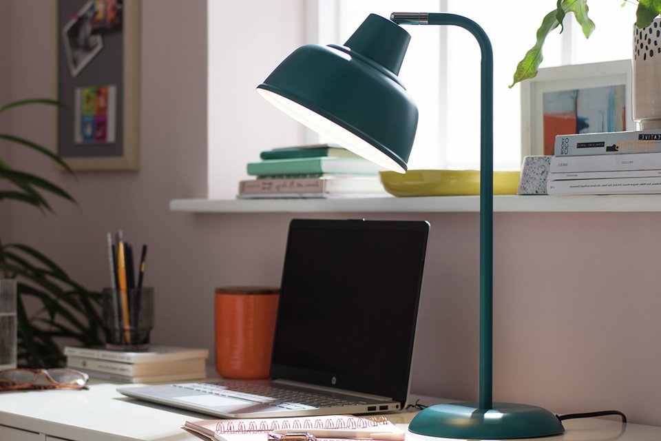 A blue Habitat Benson steel LED table lamp.