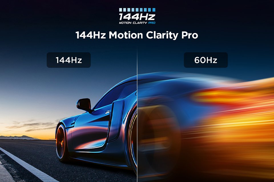 Picture demonstrating 144 Hz motion clarity using a fast moving car reference. 