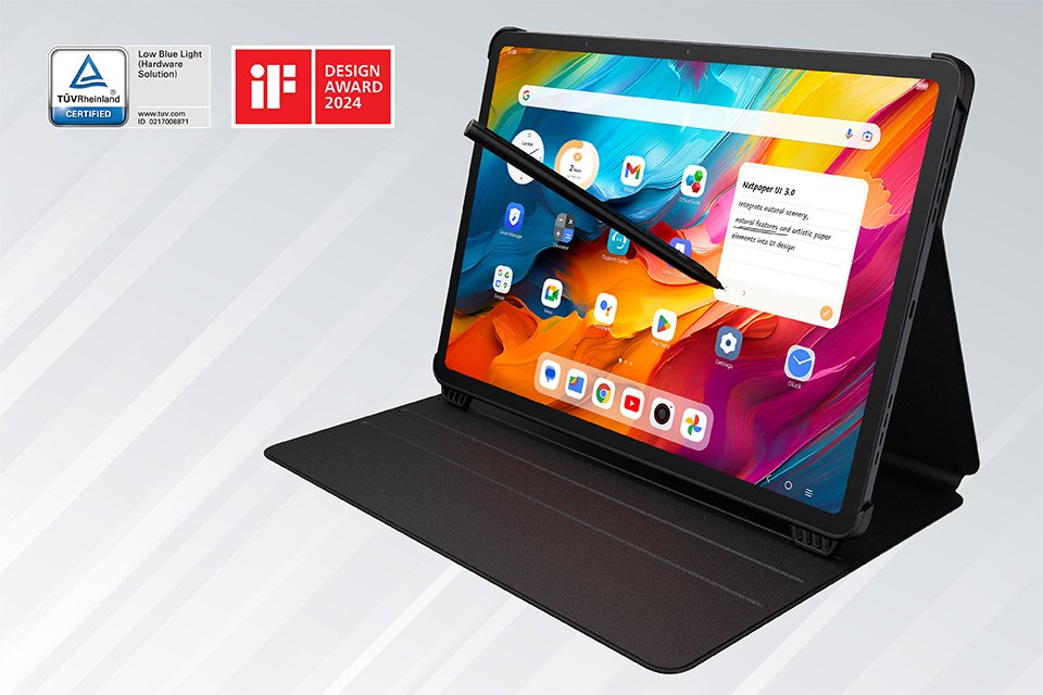 Home screen displayed on TCL NXTPAPER 14 tablet with T-pen against a white background.