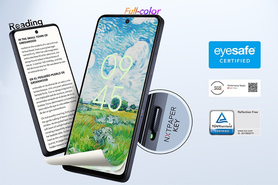 Two TCL 50 Pro NXTPAPER phones displayed side by side with the NXTPAPER key in highlight.