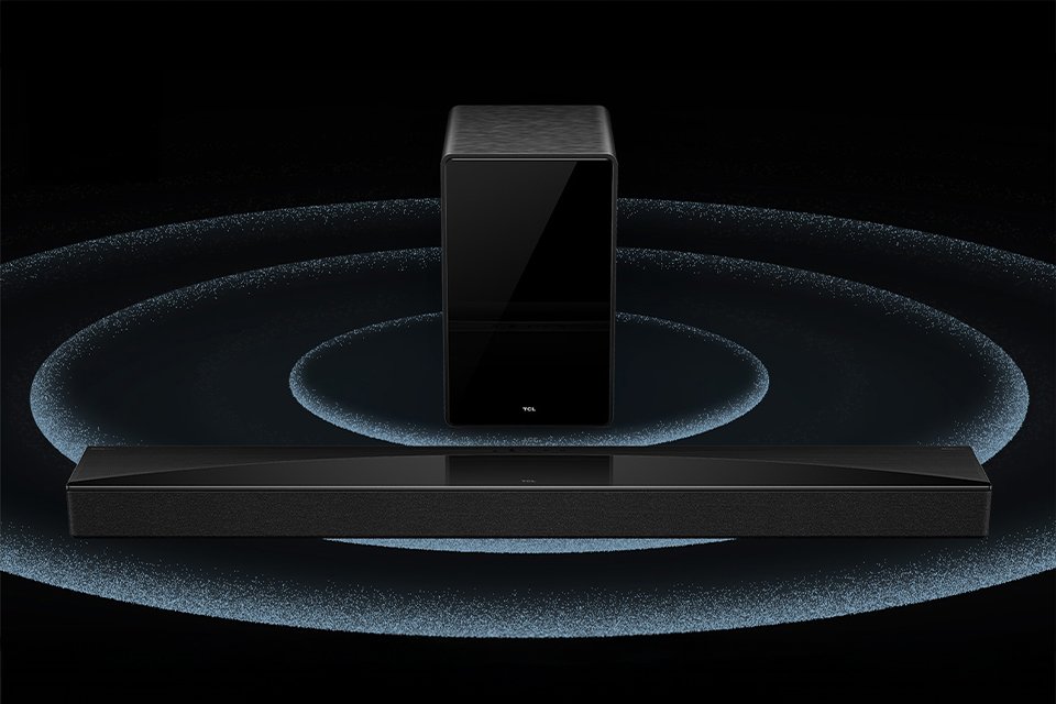 A TCL Bluetooth soundbar with wireless sub displayed against a black background.