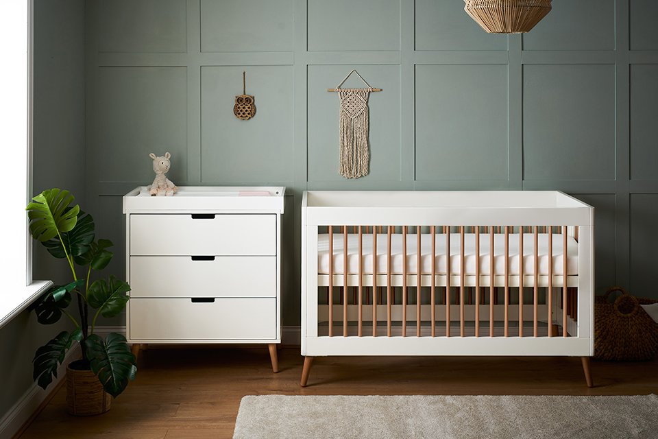 Obaby Maya 2 pieces cot bed nursery set in white.