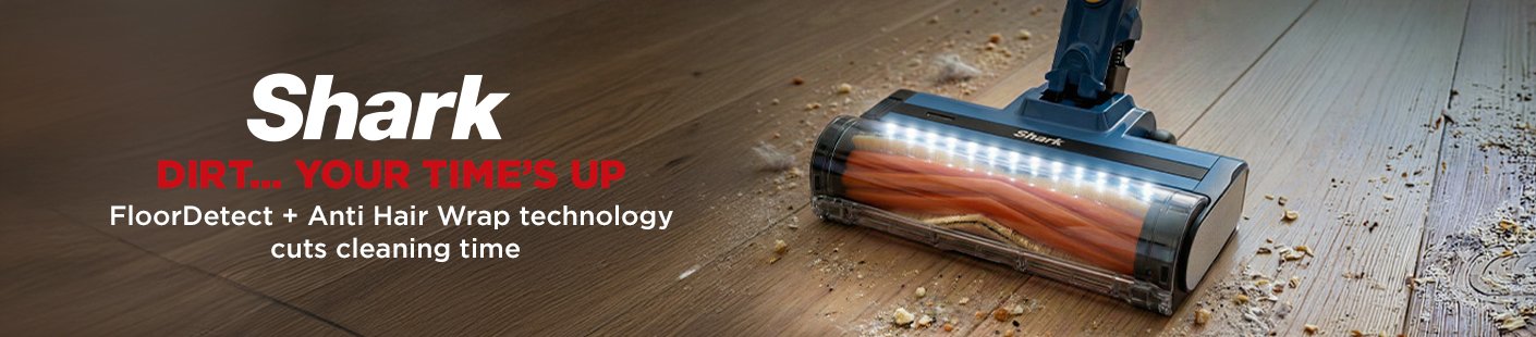 Shark. Dirt. your time's up. FloorDetect + anti hair wrap technology cuts cleaning time.