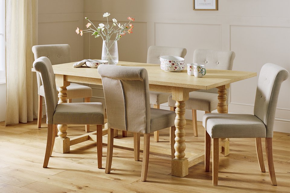 Argos Home Raina Dining Table and 6 Natural Short Scroll Chairs.