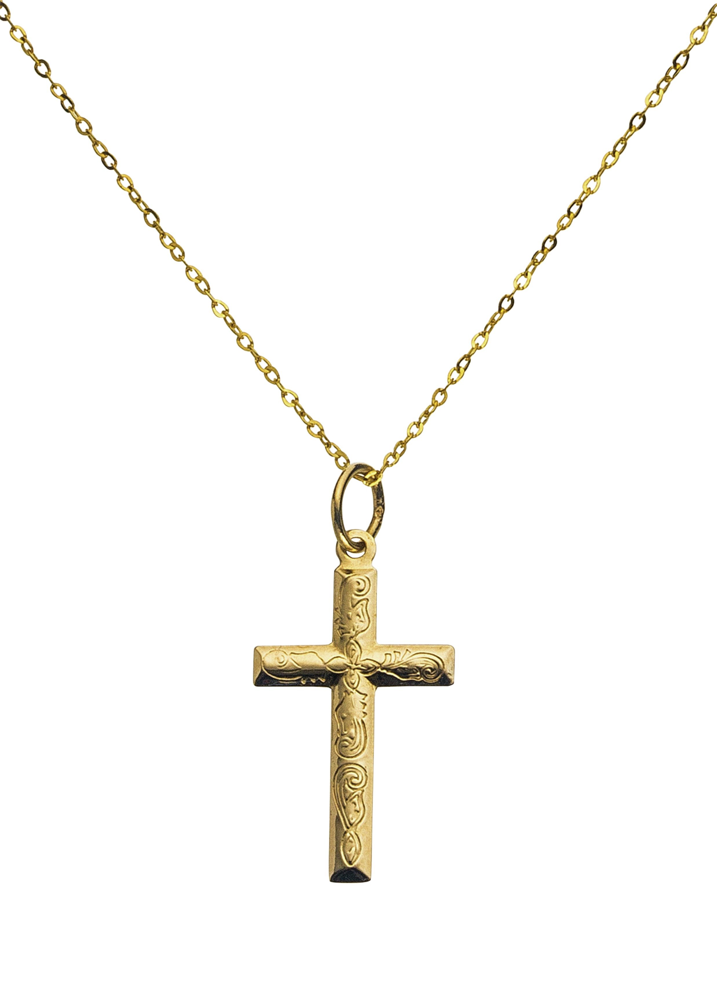 Revere 9ct Gold Patterned Cross Pendant 16 Inch Necklace