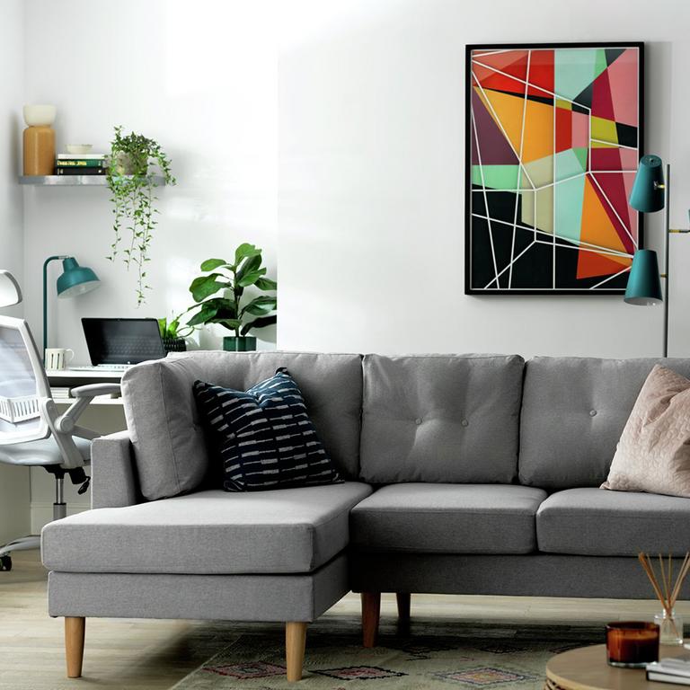 The light grey Habitat Joshua left corner fabric sofa in a fresh lounge setting.