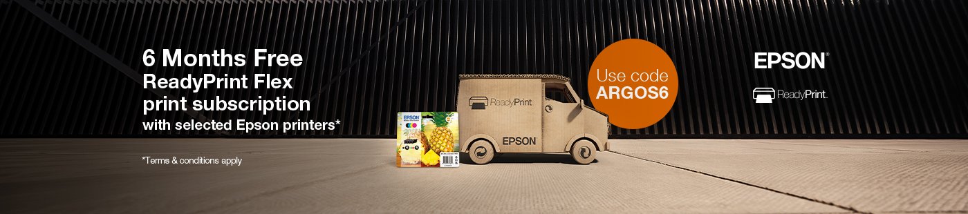 Epson. 6 Months free ReadyPrint flex print subscription with selected Epson printers*. Use code ARGOS6.