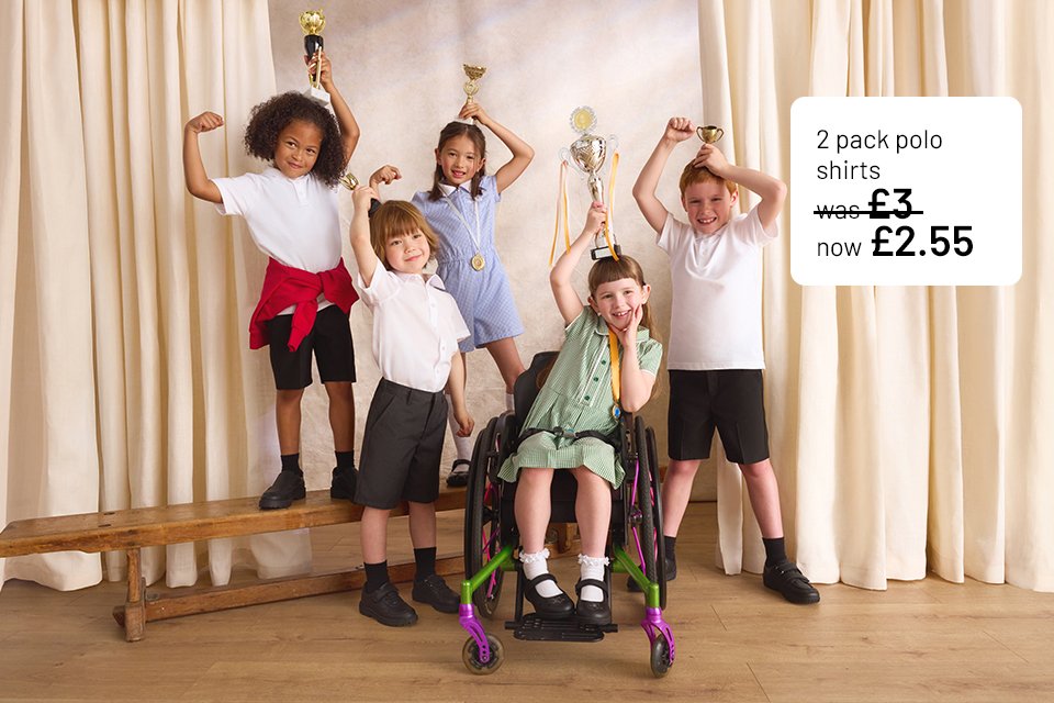 15% off school uniform and footwear. Online only. T&Cs apply*.