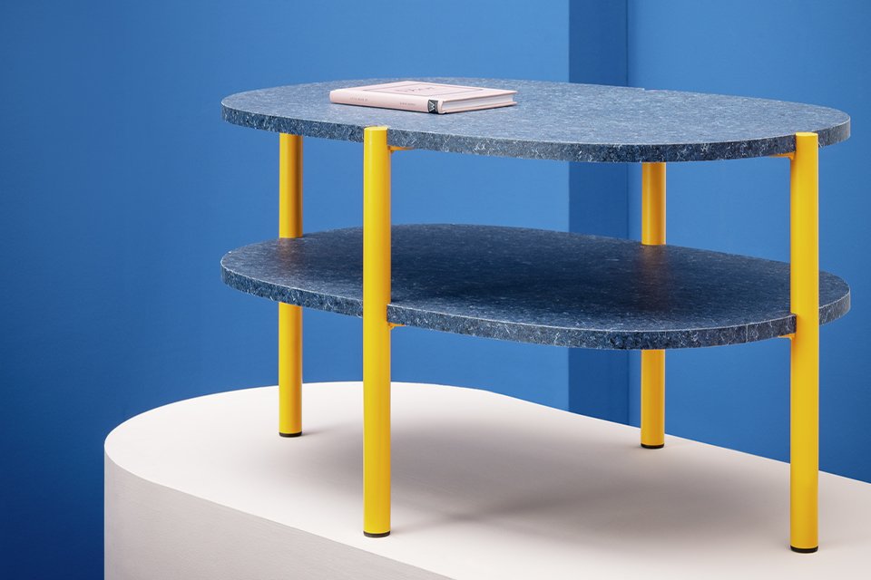 A Habitat 60 Coffee Table by Planq in yellow and denim.
