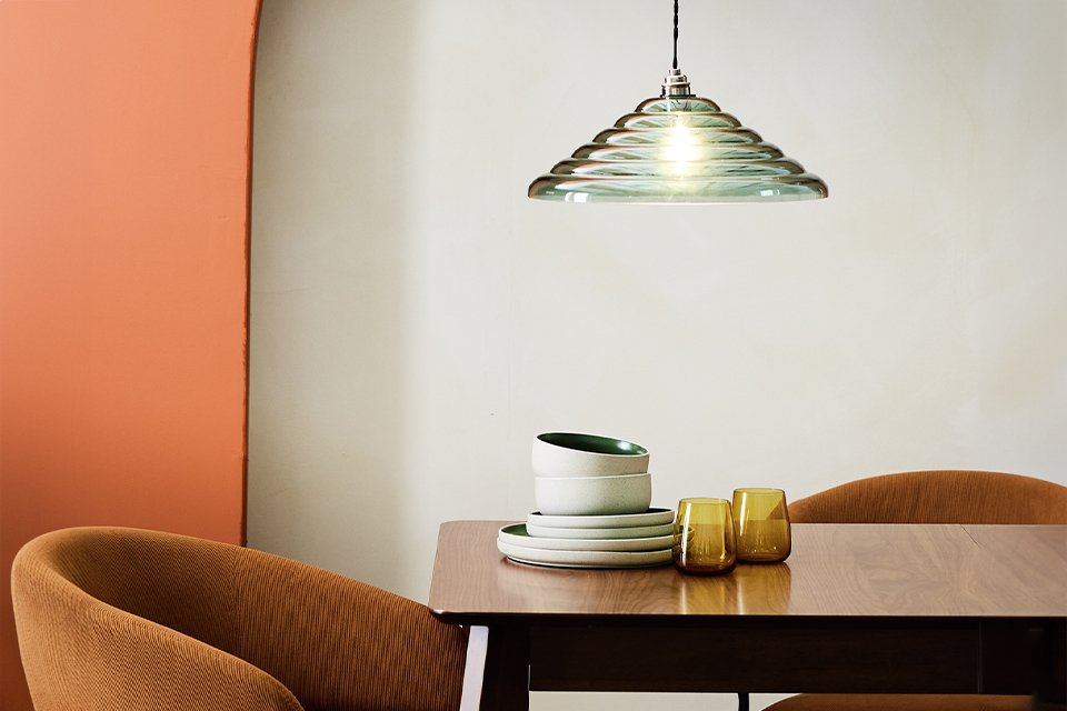 Habitat Ringo Glass Green Easy Fit Lampshade over a dining table
