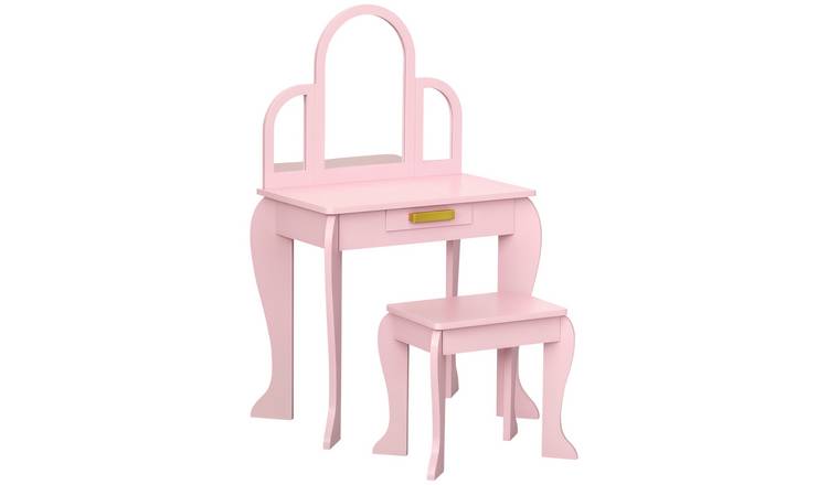 HOMCOM 2 Piece Mirror Drawer Kids Dressing Table and Stool Set -Pink