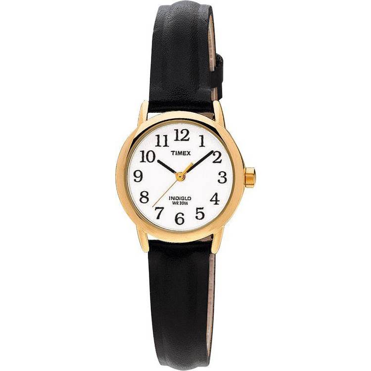Timex Ladies Gold Bezel Black Leather Strap Watch 0