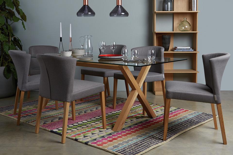 The Habitat Bloomsbury geometric rug in a dining room setting.