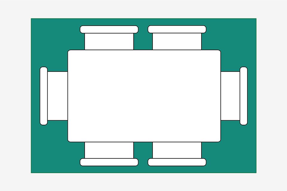 Birds eye dining room diagram showing medium rug placed under dining table.