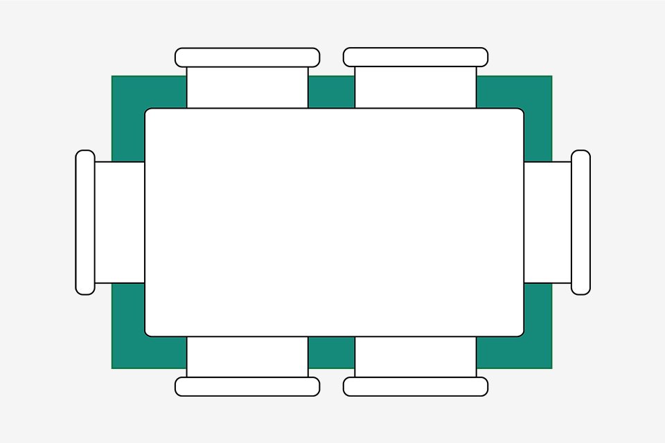 Birds eye dining room diagram showing small rug placed under dining table.