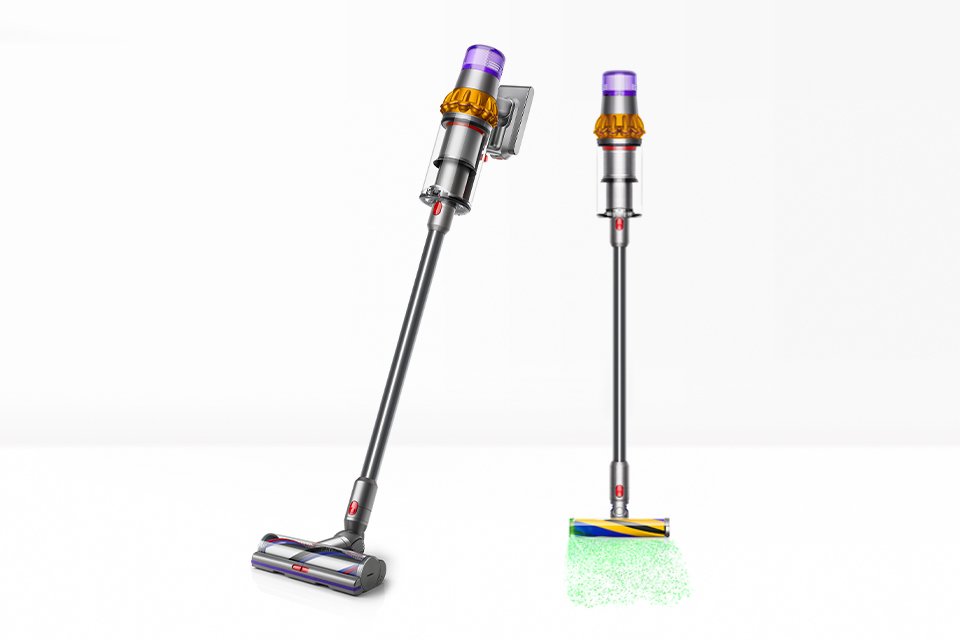 2 Dyson V15 cordless vacuum cleaners with de-tangling cleaner head and illuminated cleaner head with laser.