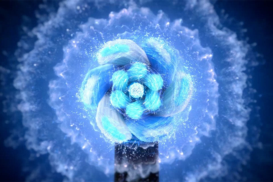 Bright, neon blue lights emerging in a circular motion from an Oral-B electric toothbrush.