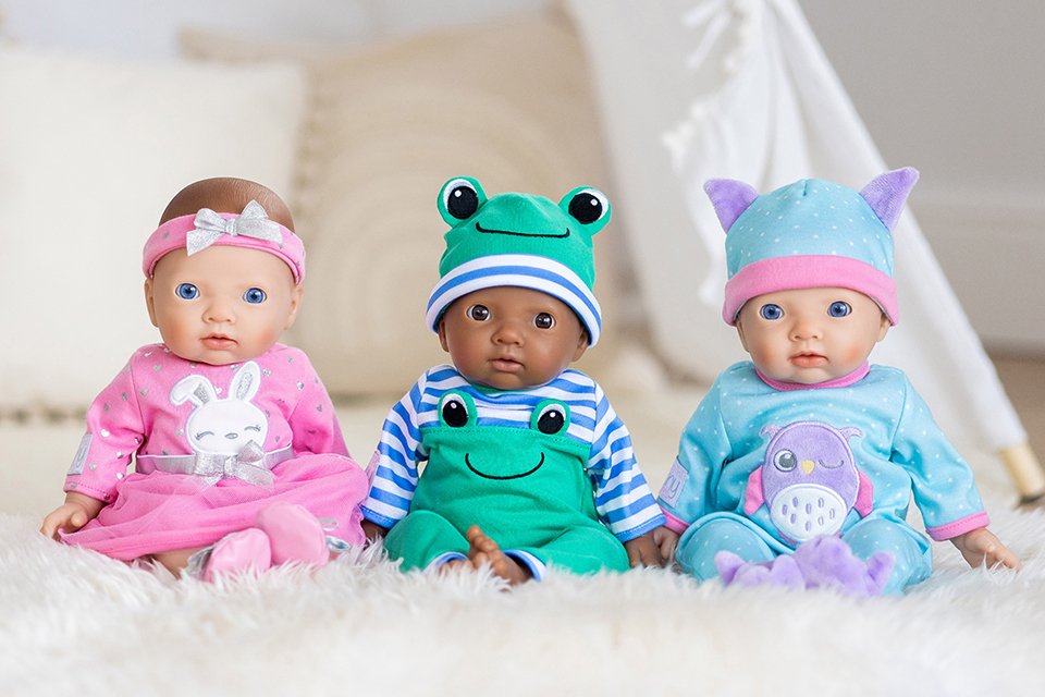 Three My First 36cm baby dolls in Tiny Treasures doll outfits.