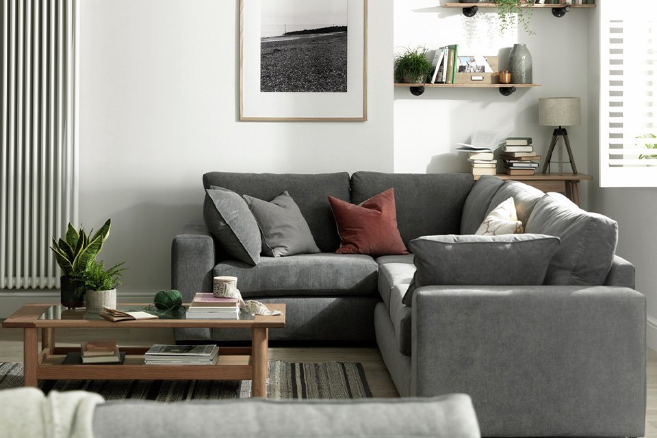 Elmdon left hand corner sofa in grey.