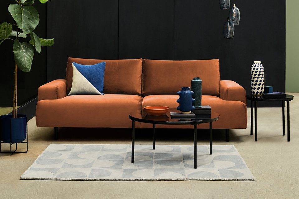 Julien velvet 3 seater sofa in orange.