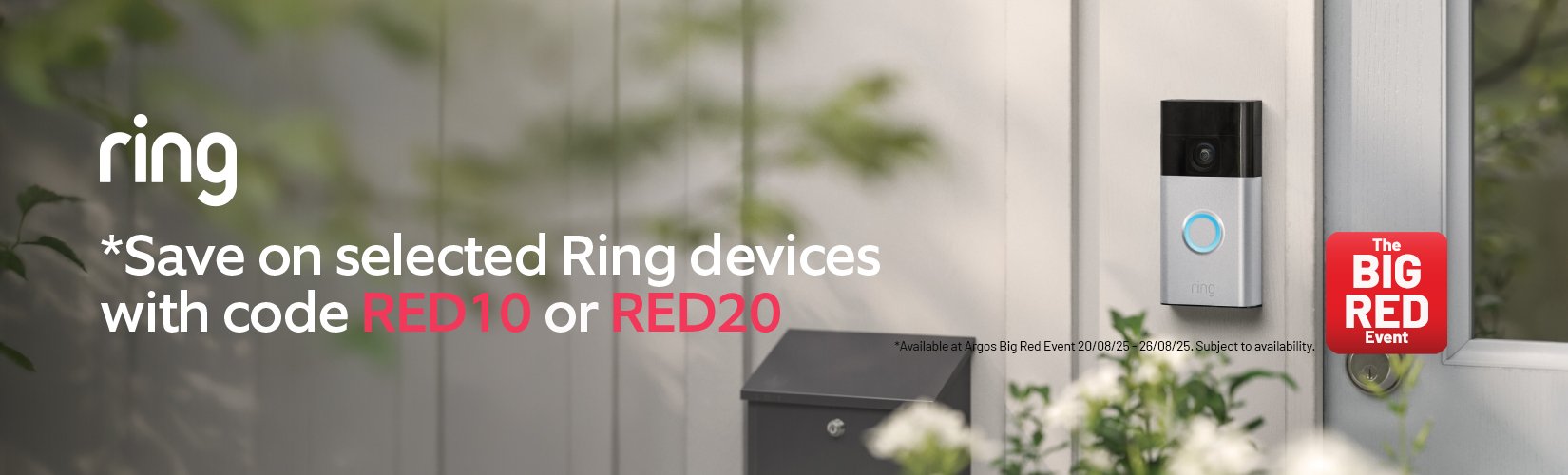 The Big Red Event. Ring. *Save on selected Ring devices with code RED10 or RED20.  *Available at Argos Big Red Event 20/08/25 - 26/08/25. Subject to availability.