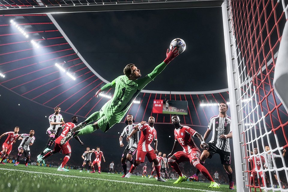 A scene from EA Sports FC 26 where multiple players are playing football.