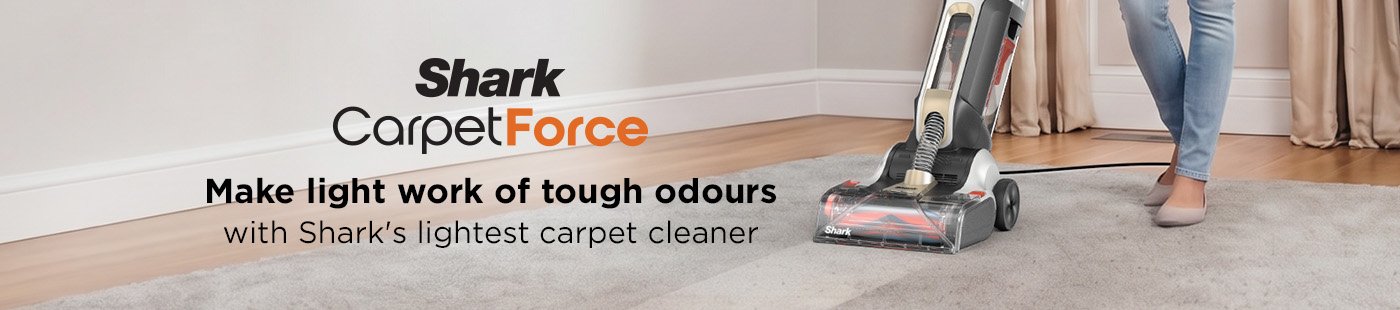 Shark. CarpetForce. Make light work of tough odours with Shark's lightest carpet cleaner.