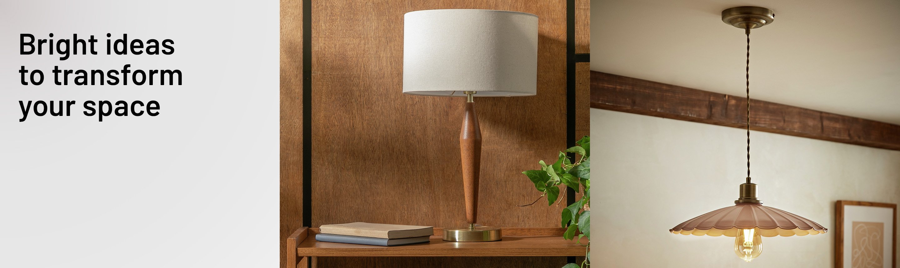 A banner with a Habitat table lamp and a ValueLights Holborn metal LED scallop pendant ceiling light.