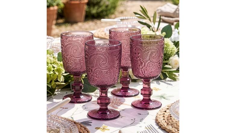 Dibor Set of 4 Paisley 300ml Glass Wine Glasses - Pink