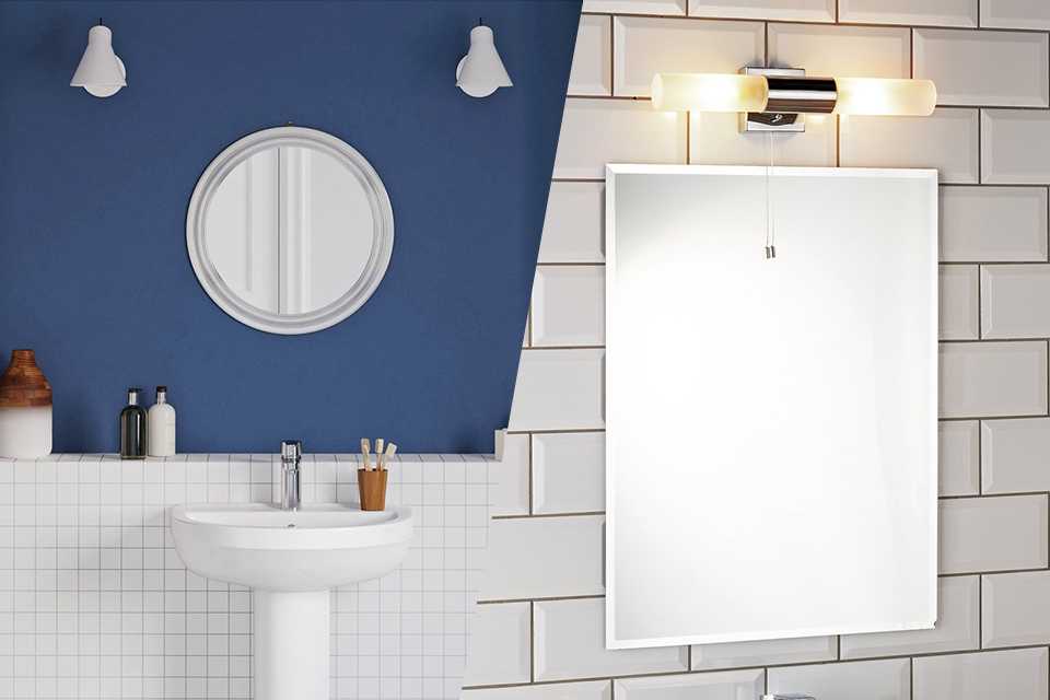 A blue bathroom and a white bathroom with a light and a mirror.
