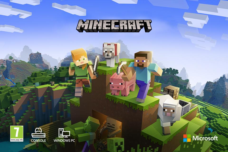 : Image shows characters from the Minecraft game including Steve,  Alex and a pig, running through a landscape rendered in Minecraft's trademark block style.