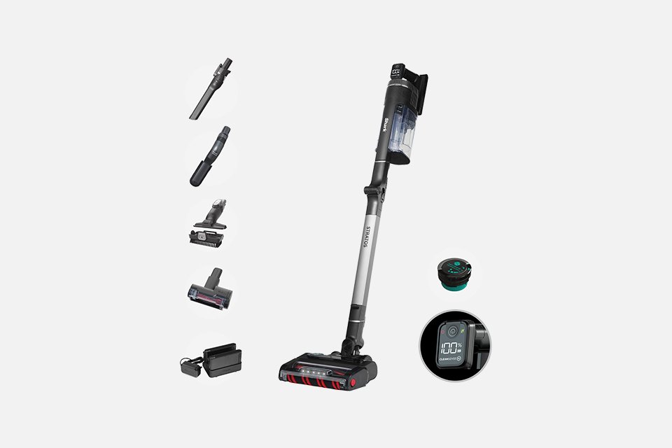 A Shark Stratos cordless vacuum cleaner with different attachments.