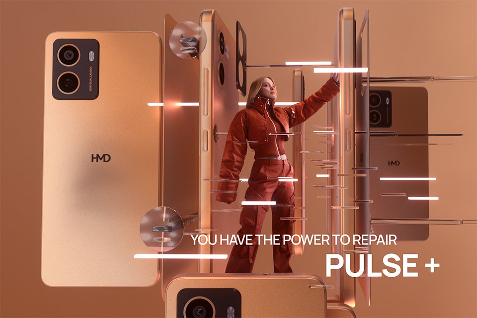 A girl in an orange jumpsuit touching the screen of a HMD Pulse+ smartphone. 