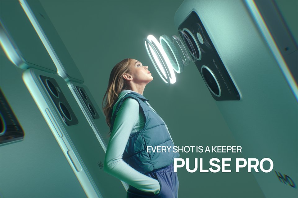 A girl looking into the camera of a green HMD Pulse Pro smartphone. 