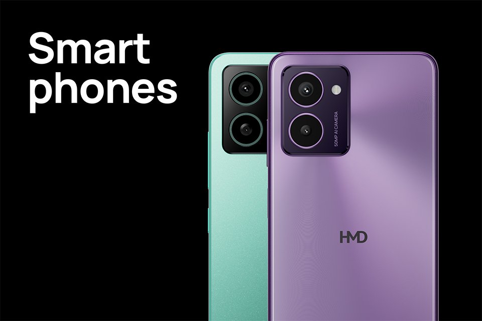 Two HMD Pulse Pro smartphones in green and purple displayed side by side. 