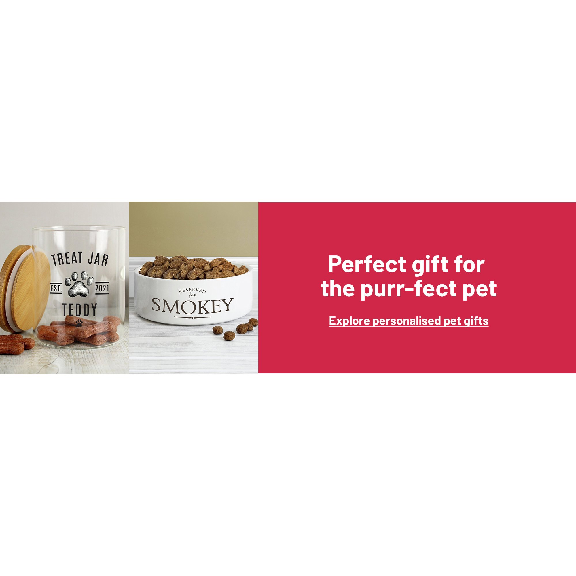 A split image of a personalised message pet treats storage glass jar with lid on one side and a personalised message dog bowl in white on the other side. 