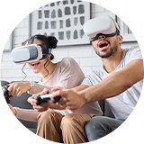 A couple playing games on their VR headset.
