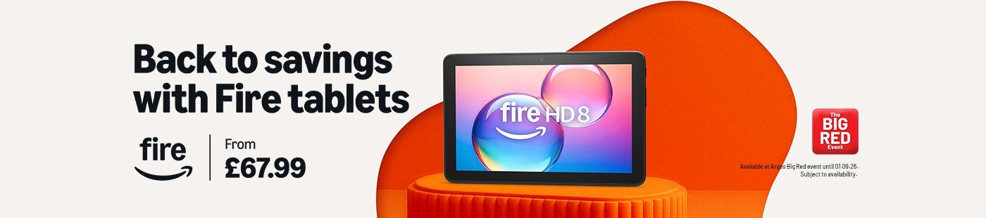 The Big Red Event. Amazon Fire. Back to savings with Fire tablets from £67.99.