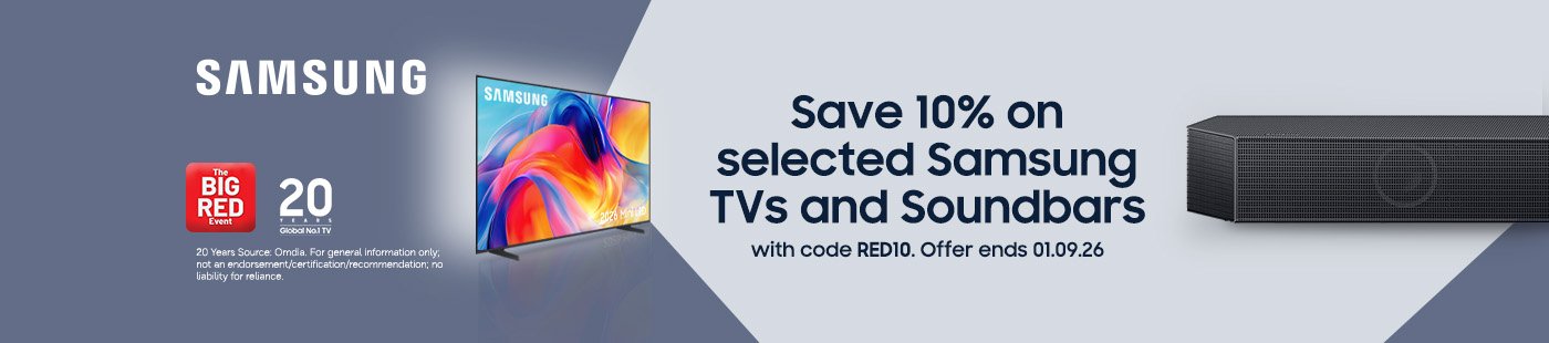 The Big Red Event. Samsung. Save 10% on selected Samsung TVs and soundbars with code RED10. Offer ends 01.09.26.