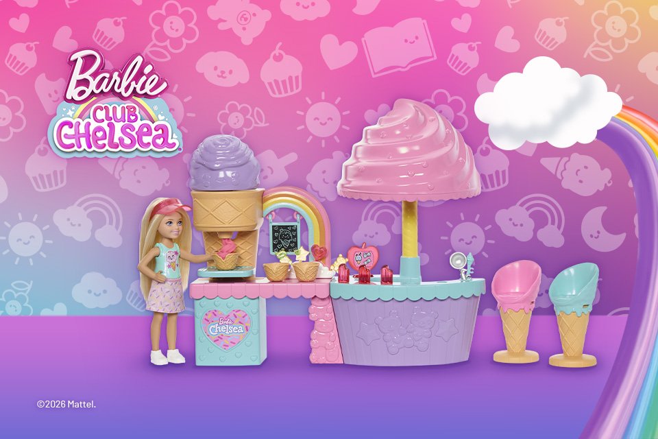A Barbie doll posed with an ice cream machine and several ice-cream themed accessories and toy beneath a "Barbie Club Chelsea" logo.