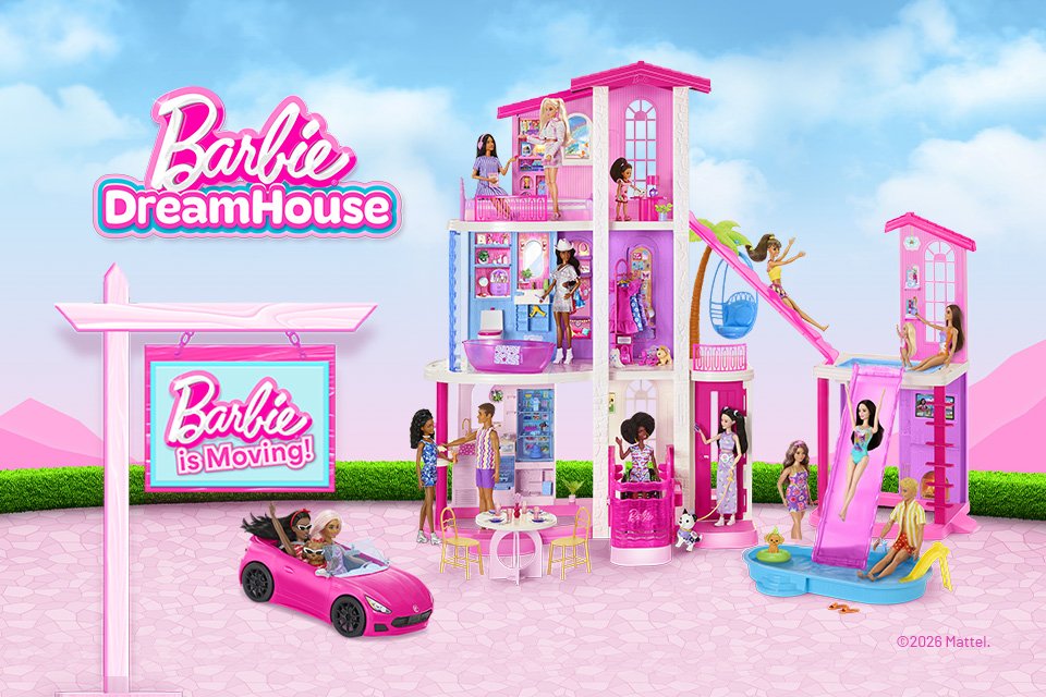 An image of several Barbie dolls arranged in Barbie Dreamhouse, with 3 more dolls in a pink Barbie car. A sign in the foreground says "Barbie is moving!".