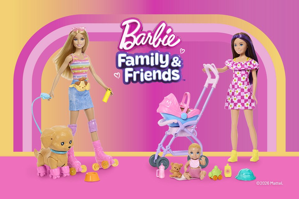A Barbie doll walking a toy dog and another pushing a baby stroller with a baby doll on the ground surrounded by baby toys. A "Barbie Family & Friends" logo hangs near the centre of the image.