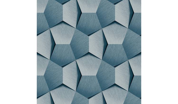 Grandeco Boaz 3D Effect Metal Panel Blown Vinyl Textured Wallpaper - Blue