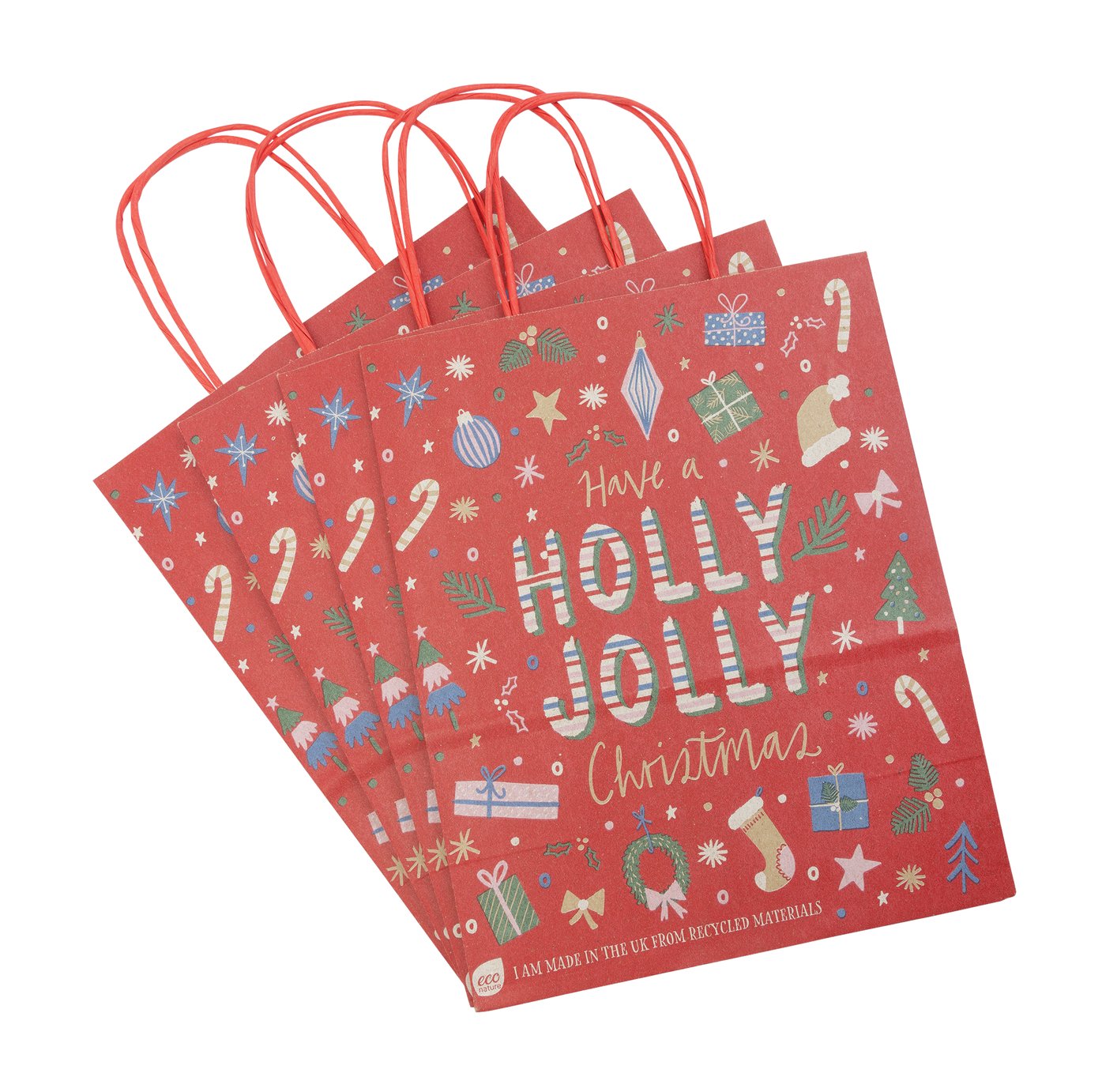 Eco Nature Medium Holly Jolly Christmas Gift Bags - 4 Pack